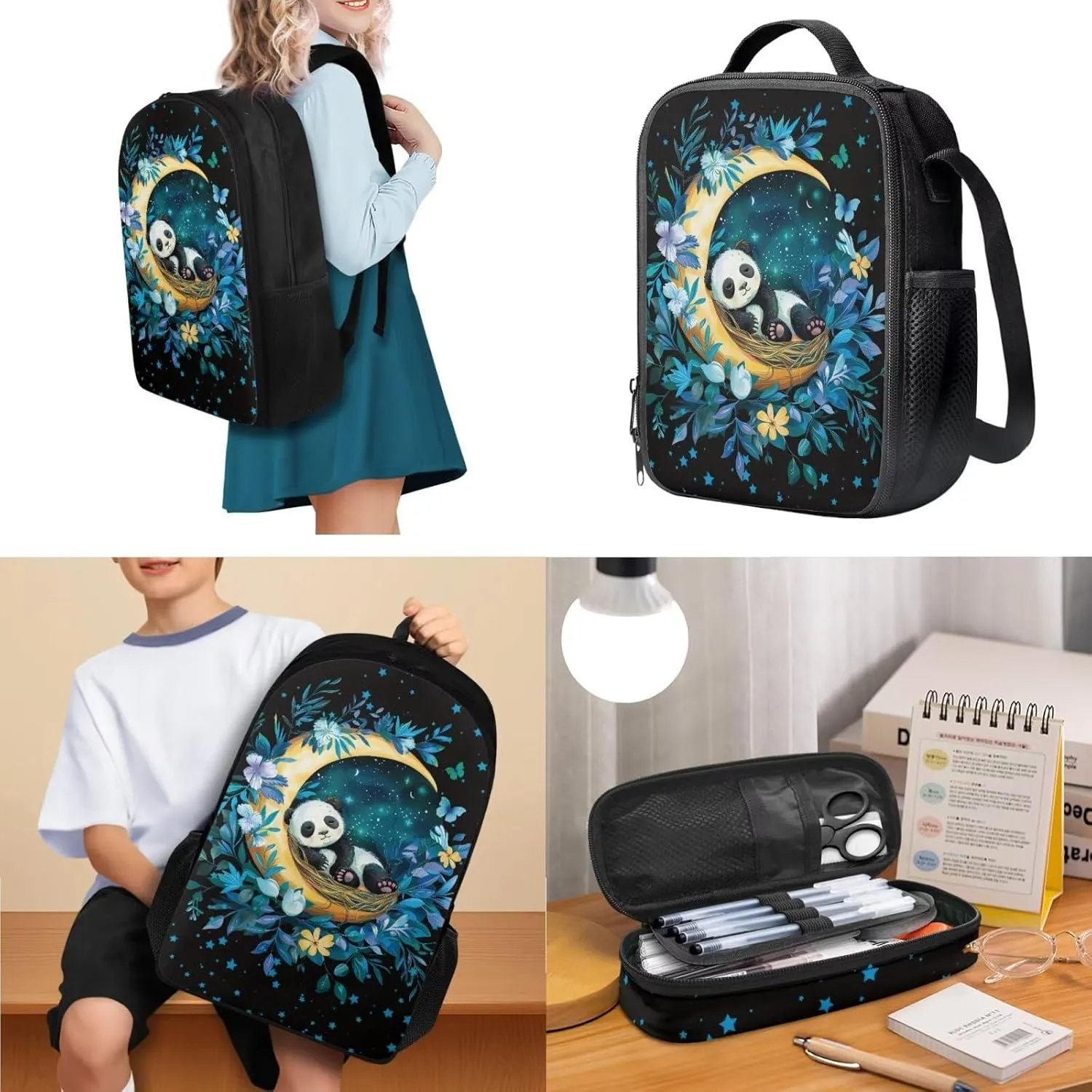 HUGS IDEA Cute Panda School Backpack with Lunch Box for Girls 8-10 Moon Kids Book Bag with Lunchbox Pencil Case 3 In 1 School Bag and Lunch Box Set Cute Bookbag for 5th Grade Girls