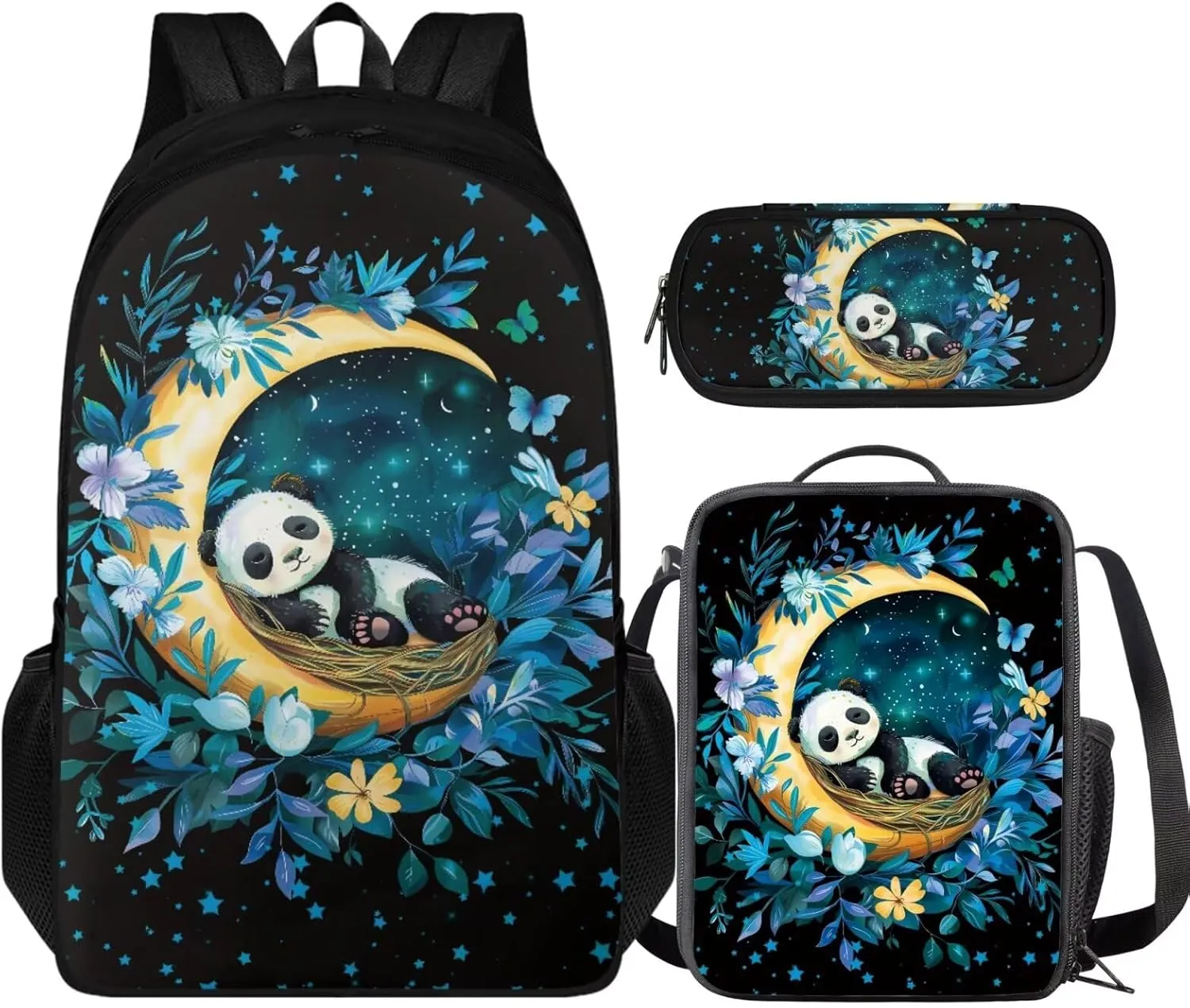 HUGS IDEA Cute Panda School Backpack with Lunch Box for Girls 8-10 Moon Kids Book Bag with Lunchbox Pencil Case 3 In 1 School Bag and Lunch Box Set Cute Bookbag for 5th Grade Girls