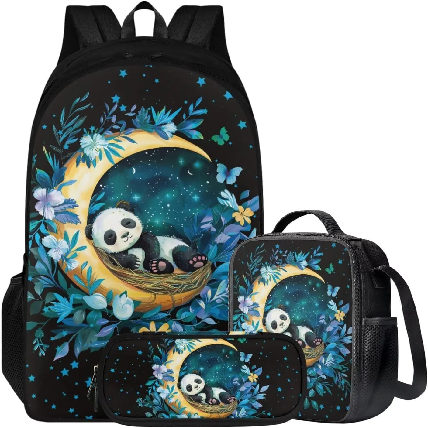 HUGS IDEA Cute Panda School Backpack with Lunch Box for Girls 8-10 Moon Kids Book Bag with Lunchbox Pencil Case 3 In 1 School Bag and Lunch Box Set Cute Bookbag for 5th Grade Girls