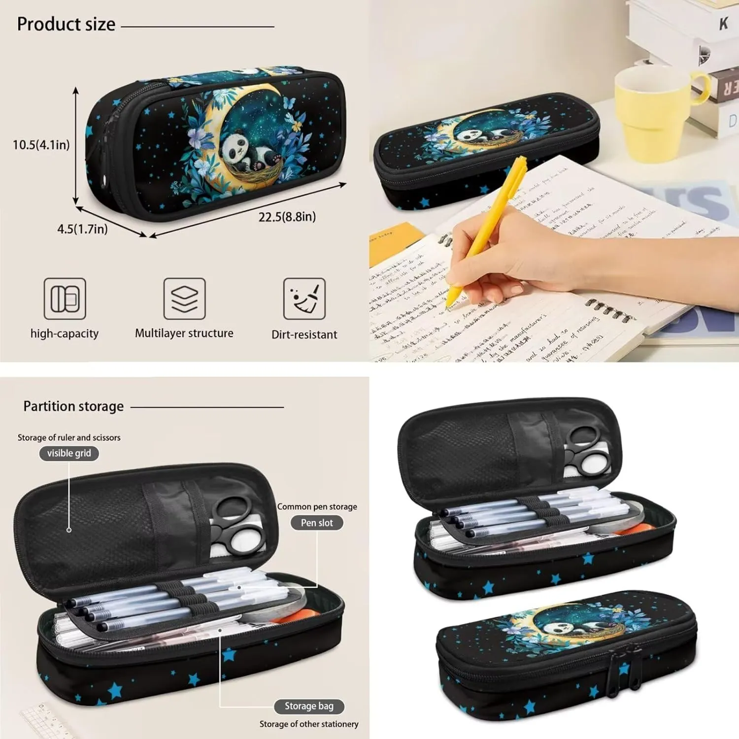 HUGS IDEA Cute Panda School Backpack with Lunch Box for Girls 8-10 Moon Kids Book Bag with Lunchbox Pencil Case 3 In 1 School Bag and Lunch Box Set Cute Bookbag for 5th Grade Girls