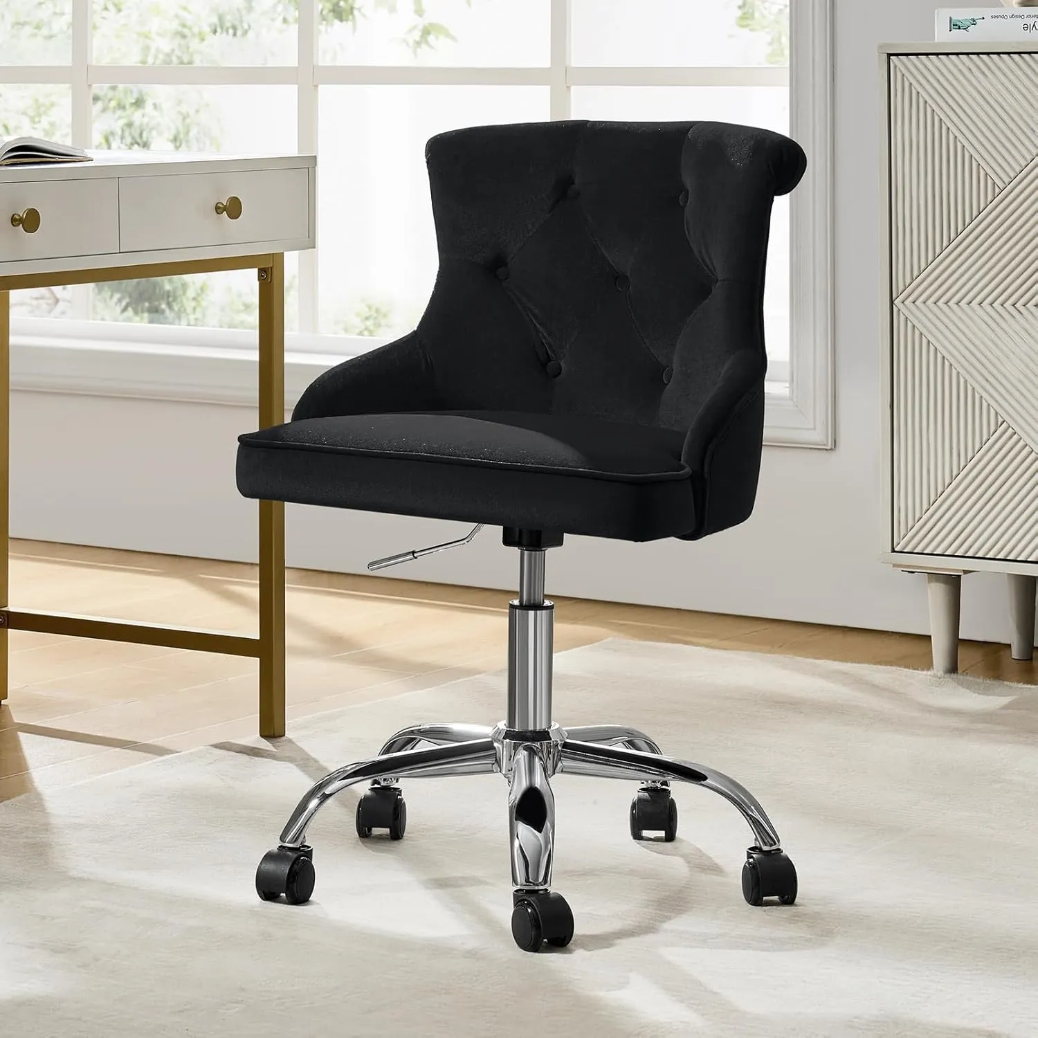 HULALA HOME Velvet Home Vanity Chair, Button Tufted Comfy Desk Chair for Office/Living Room, 360°Swivel Chic Design with Mid Back, Metal Base, Black
