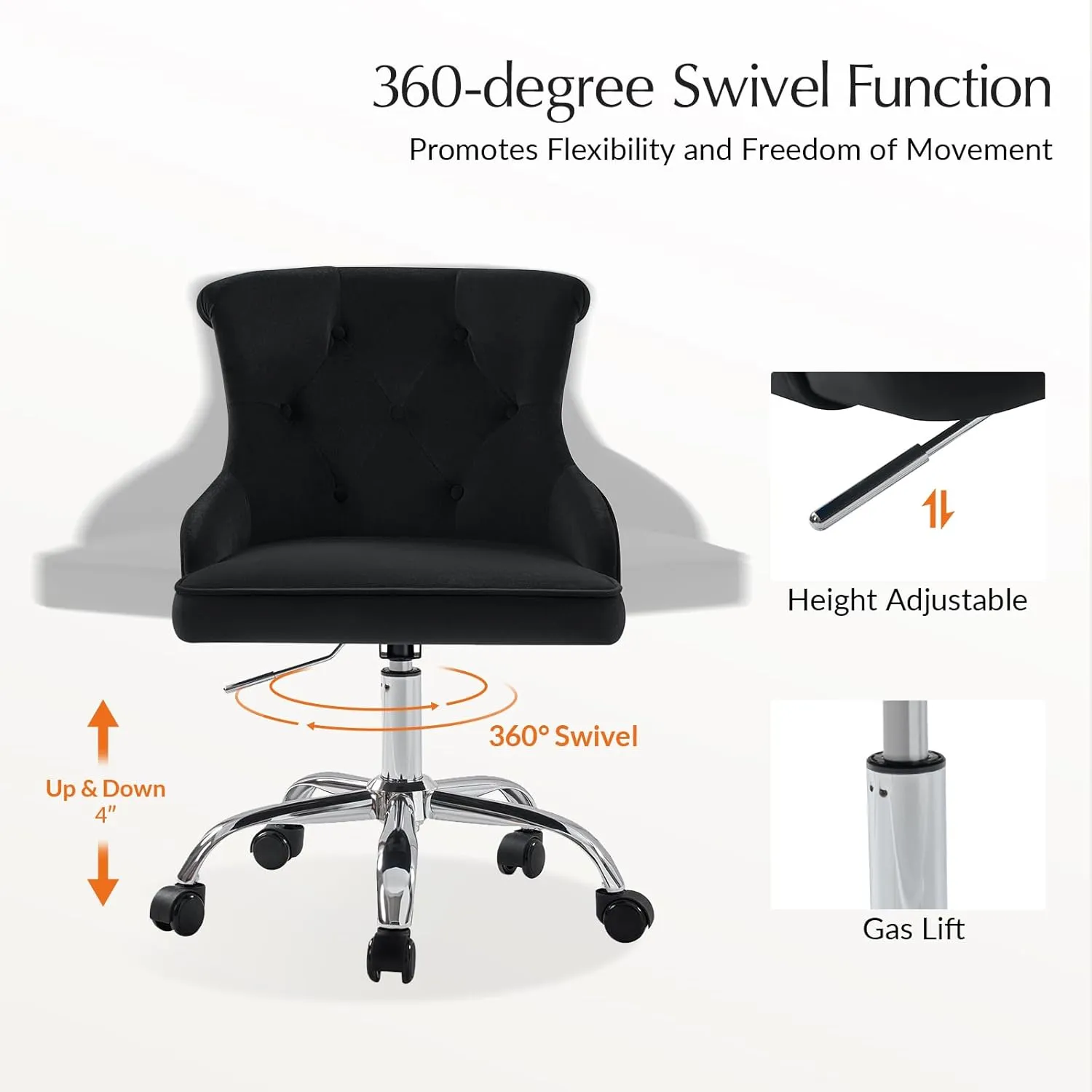 HULALA HOME Velvet Home Vanity Chair, Button Tufted Comfy Desk Chair for Office/Living Room, 360°Swivel Chic Design with Mid Back, Metal Base, Black