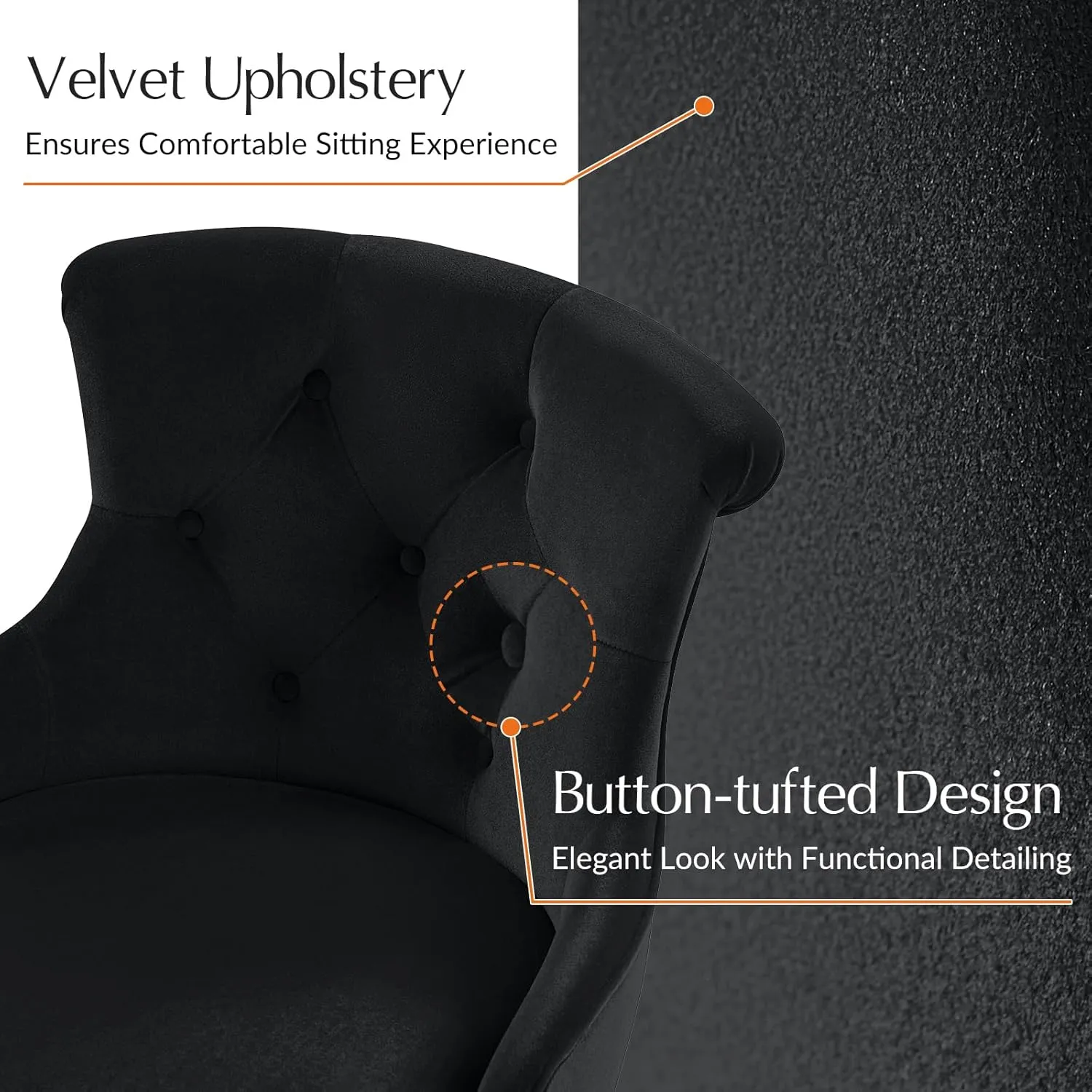 HULALA HOME Velvet Home Vanity Chair, Button Tufted Comfy Desk Chair for Office/Living Room, 360°Swivel Chic Design with Mid Back, Metal Base, Black