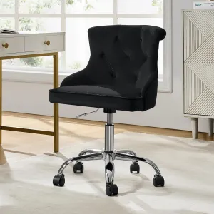 HULALA HOME Velvet Home Vanity Chair, Button Tufted Comfy Desk Chair for Office/Living Room, 360°Swivel Chic Design with Mid Back, Metal Base, Black