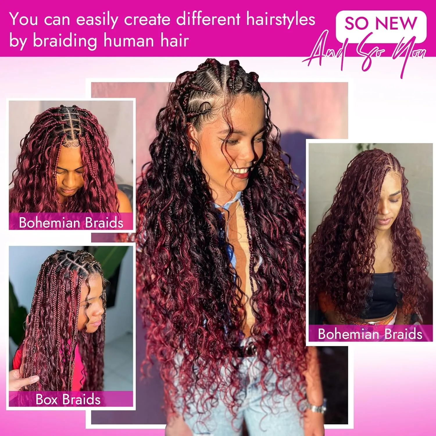Human Braiding Hair Deep Water Wave 2 Bundles/Pack 50g 18 Inch, Burgundy Red Bulk for Boho Braids, Curly Wet and Wavy Bohemian for Braiding Non Weft