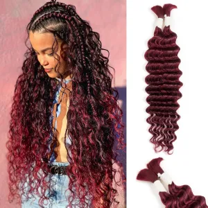 Human Braiding Hair Deep Water Wave 2 Bundles/Pack 50g 18 Inch, Burgundy Red Bulk for Boho Braids, Curly Wet and Wavy Bohemian for Braiding Non Weft