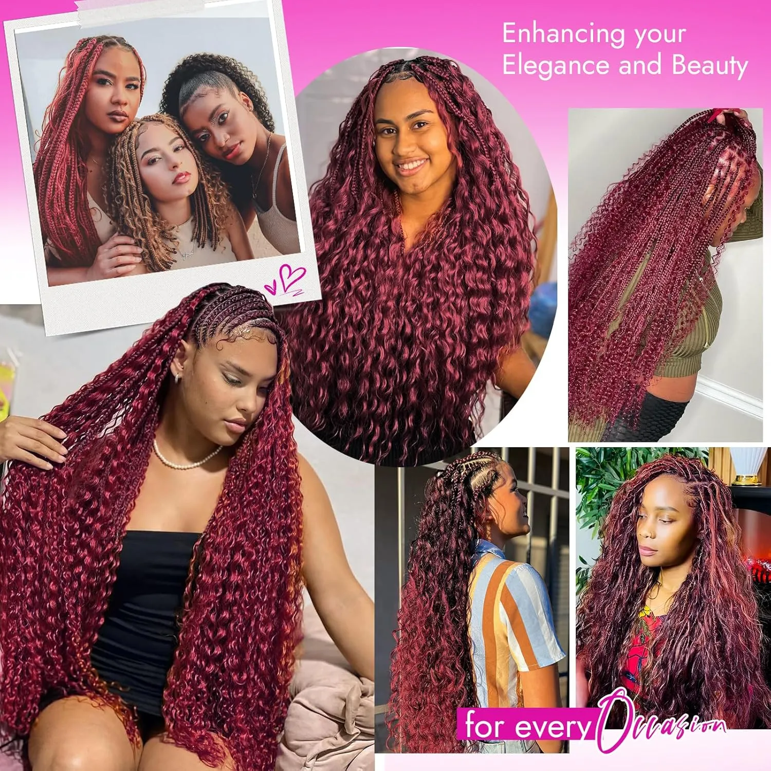 Human Braiding Hair Deep Water Wave 2 Bundles/Pack 50g 18 Inch, Burgundy Red Bulk for Boho Braids, Curly Wet and Wavy Bohemian for Braiding Non Weft