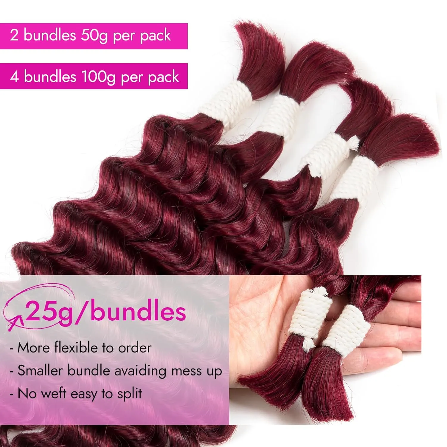 Human Braiding Hair Deep Water Wave 2 Bundles/Pack 50g 18 Inch, Burgundy Red Bulk for Boho Braids, Curly Wet and Wavy Bohemian for Braiding Non Weft