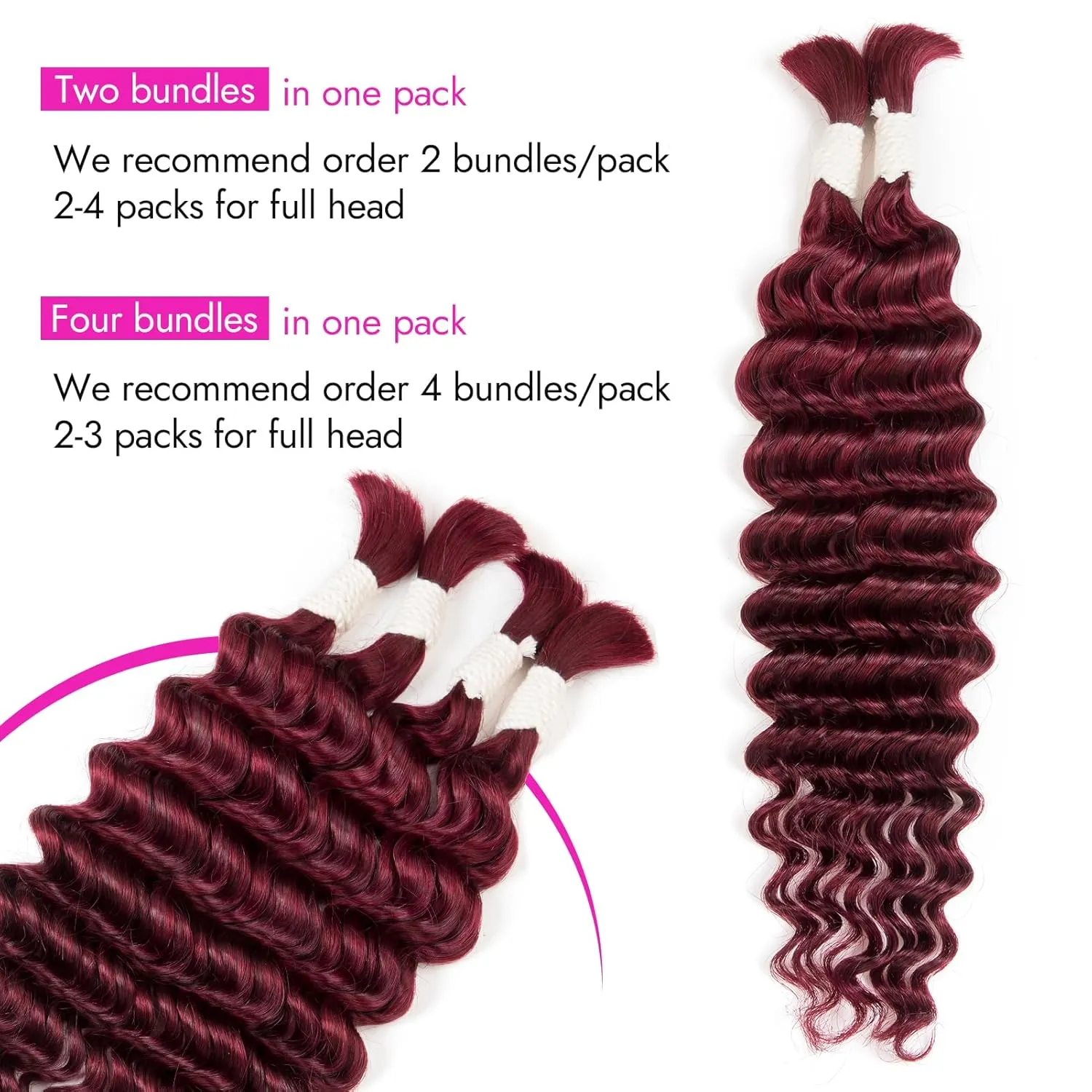 Human Braiding Hair Deep Water Wave 2 Bundles/Pack 50g 18 Inch, Burgundy Red Bulk for Boho Braids, Curly Wet and Wavy Bohemian for Braiding Non Weft