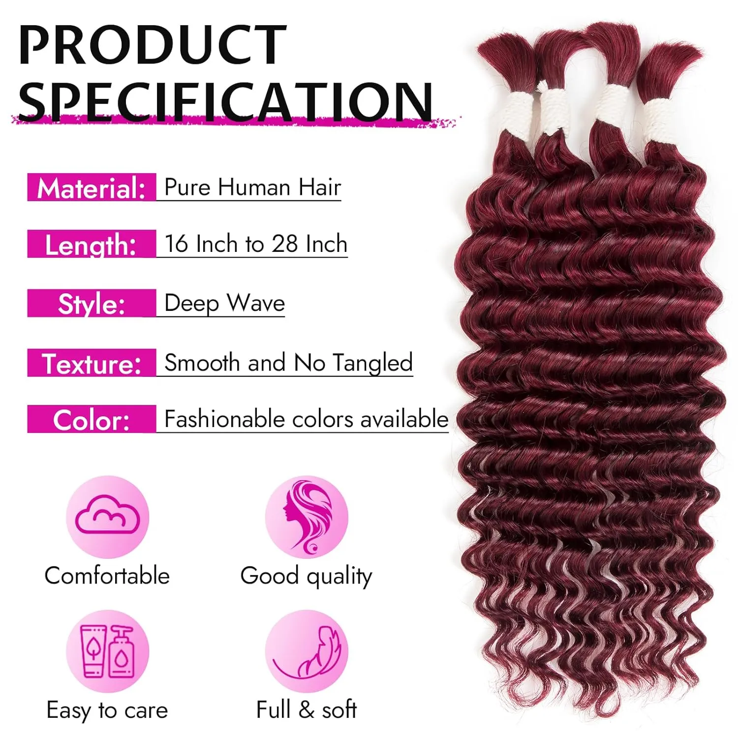 Human Braiding Hair Deep Water Wave 2 Bundles/Pack 50g 18 Inch, Burgundy Red Bulk for Boho Braids, Curly Wet and Wavy Bohemian for Braiding Non Weft