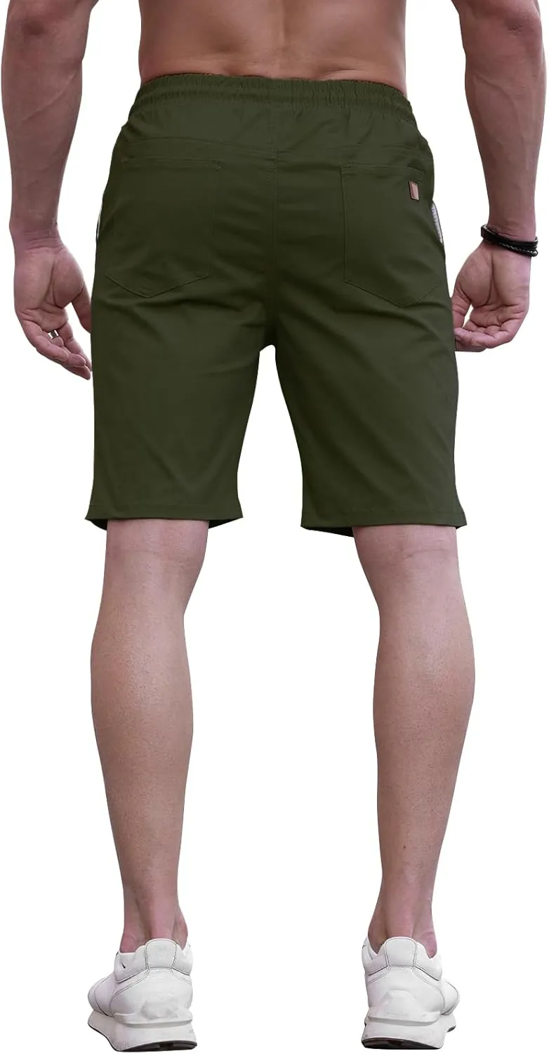 HUNGSON Mens Casual Shorts - Cotton Drawstring Summer Beach Stretch Twill Chino Golf Shorts