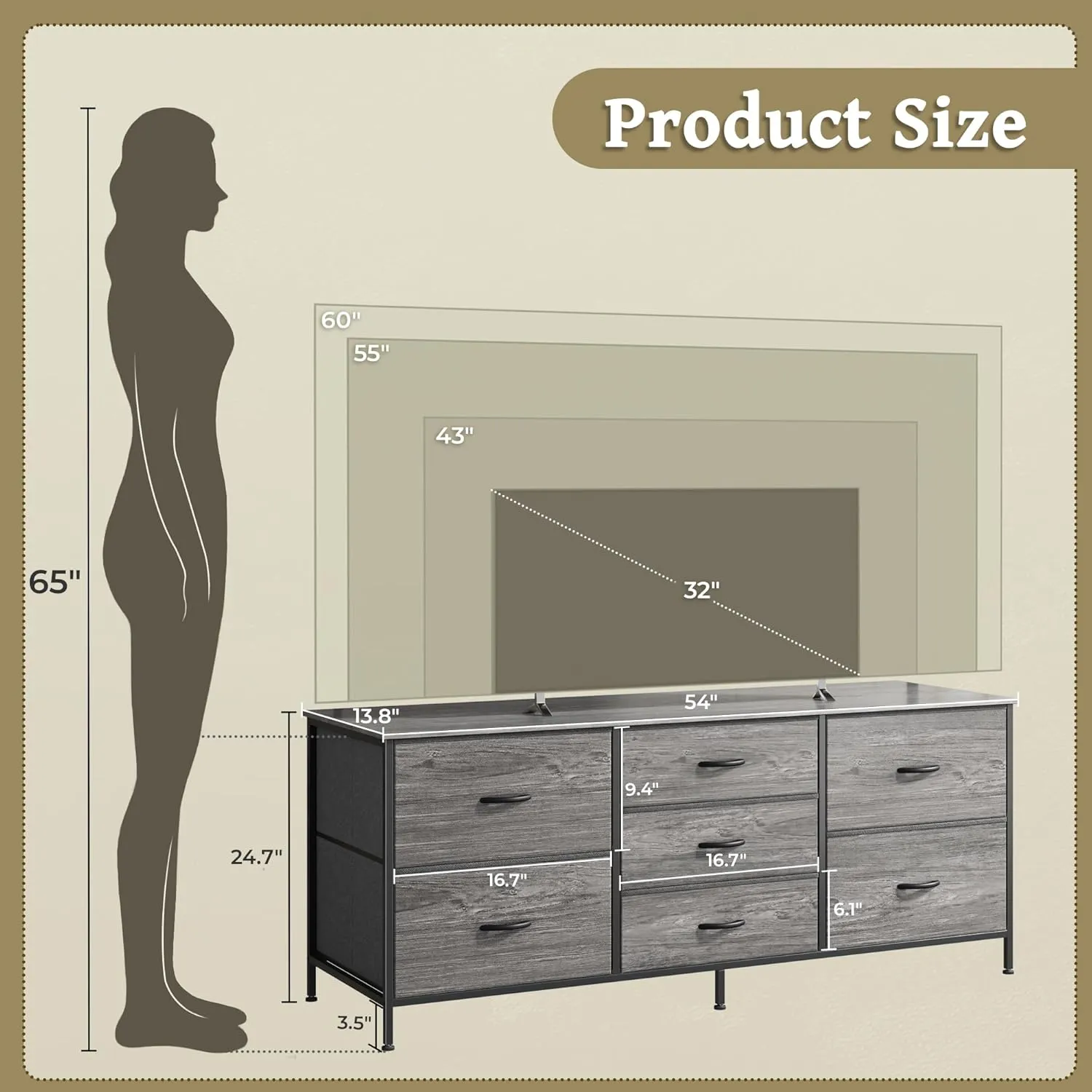 Huuger Dresser for Bedroom, 55 Inch TV Stand for 43, 55, 60 Inch TV, Long Fabric Dresser for Closet, TV Stand with 7 Drawers, Storage, Clothing, Grey