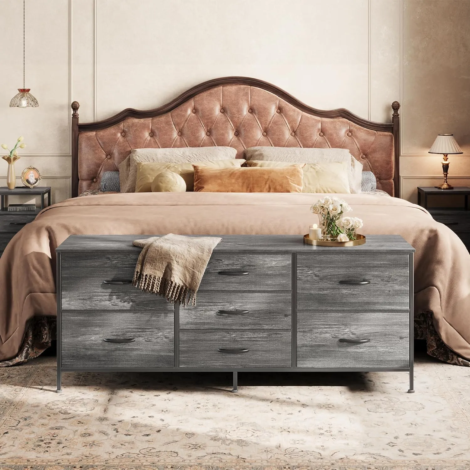 Huuger Dresser for Bedroom, 55 Inch TV Stand for 43, 55, 60 Inch TV, Long Fabric Dresser for Closet, TV Stand with 7 Drawers, Storage, Clothing, Grey