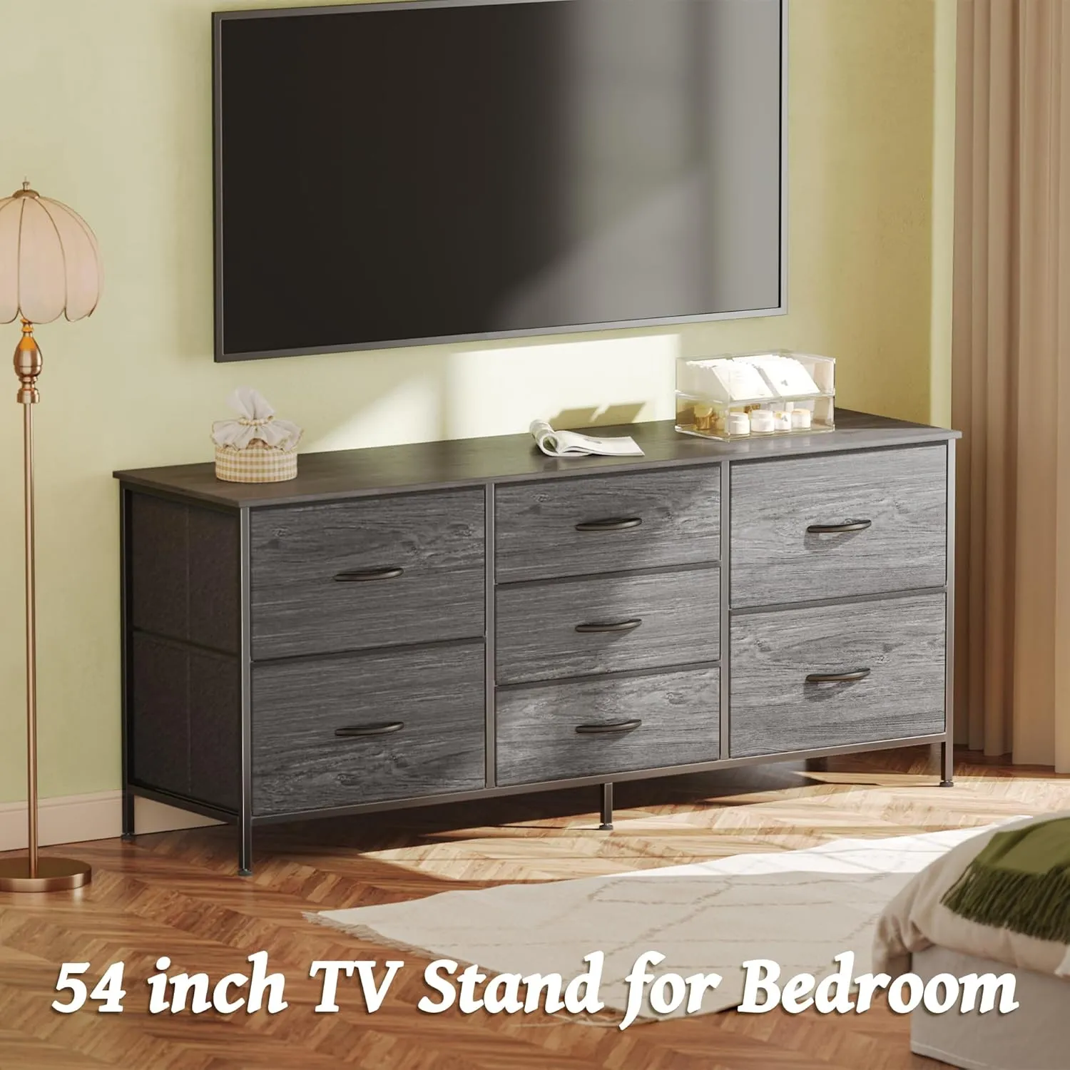 Huuger Dresser for Bedroom, 55 Inch TV Stand for 43, 55, 60 Inch TV, Long Fabric Dresser for Closet, TV Stand with 7 Drawers, Storage, Clothing, Grey