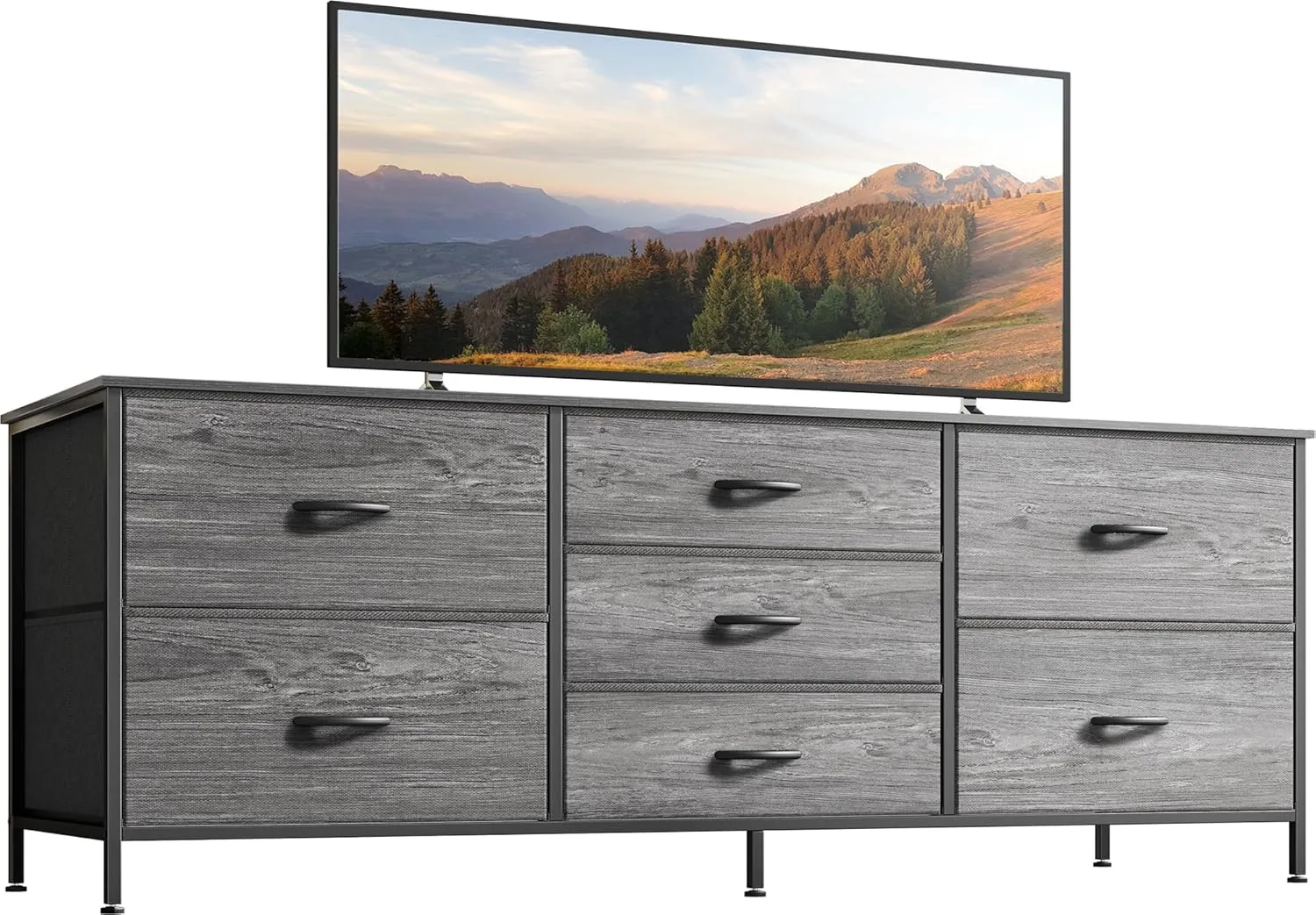 Huuger Dresser for Bedroom, 55 Inch TV Stand for 43, 55, 60 Inch TV, Long Fabric Dresser for Closet, TV Stand with 7 Drawers, Storage, Clothing, Grey