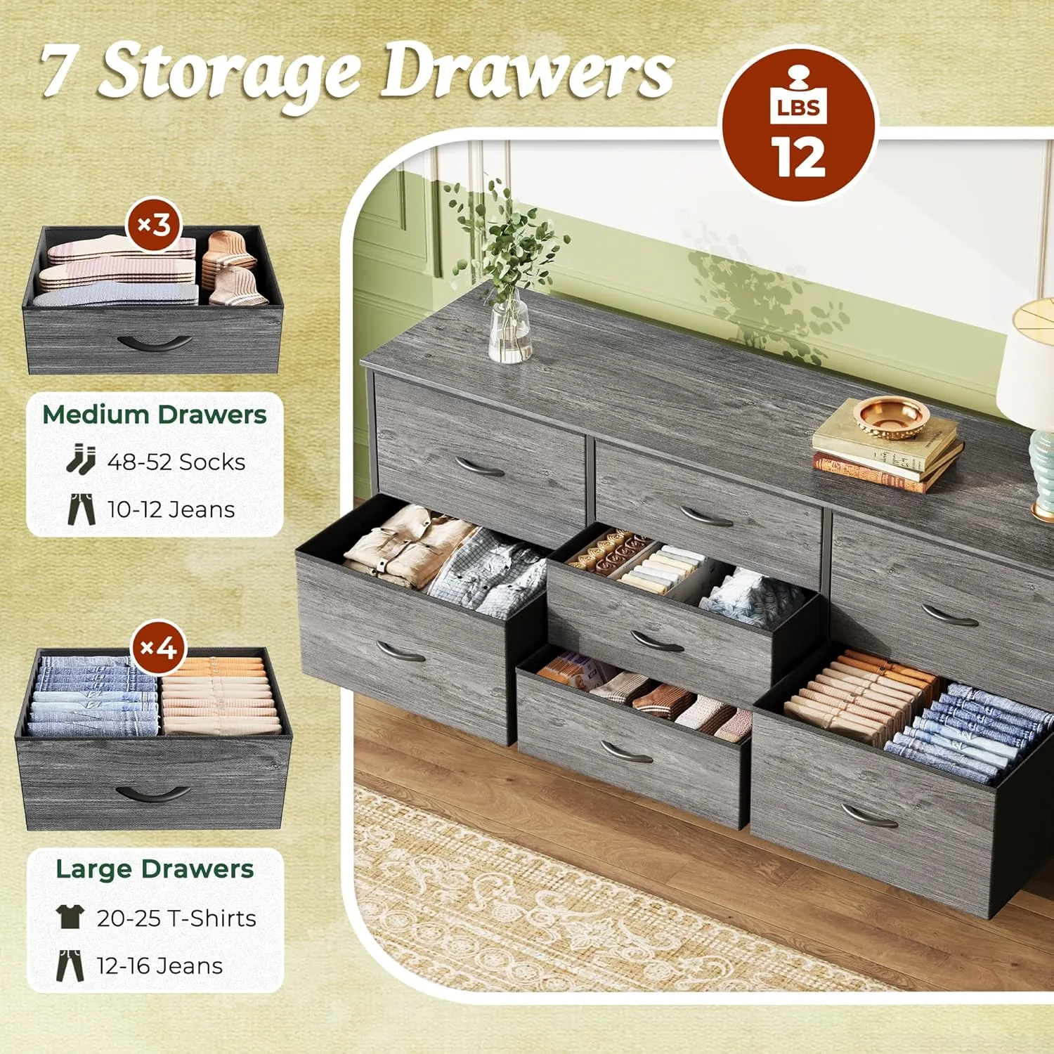 Huuger Dresser for Bedroom, 55 Inch TV Stand for 43, 55, 60 Inch TV, Long Fabric Dresser for Closet, TV Stand with 7 Drawers, Storage, Clothing, Grey