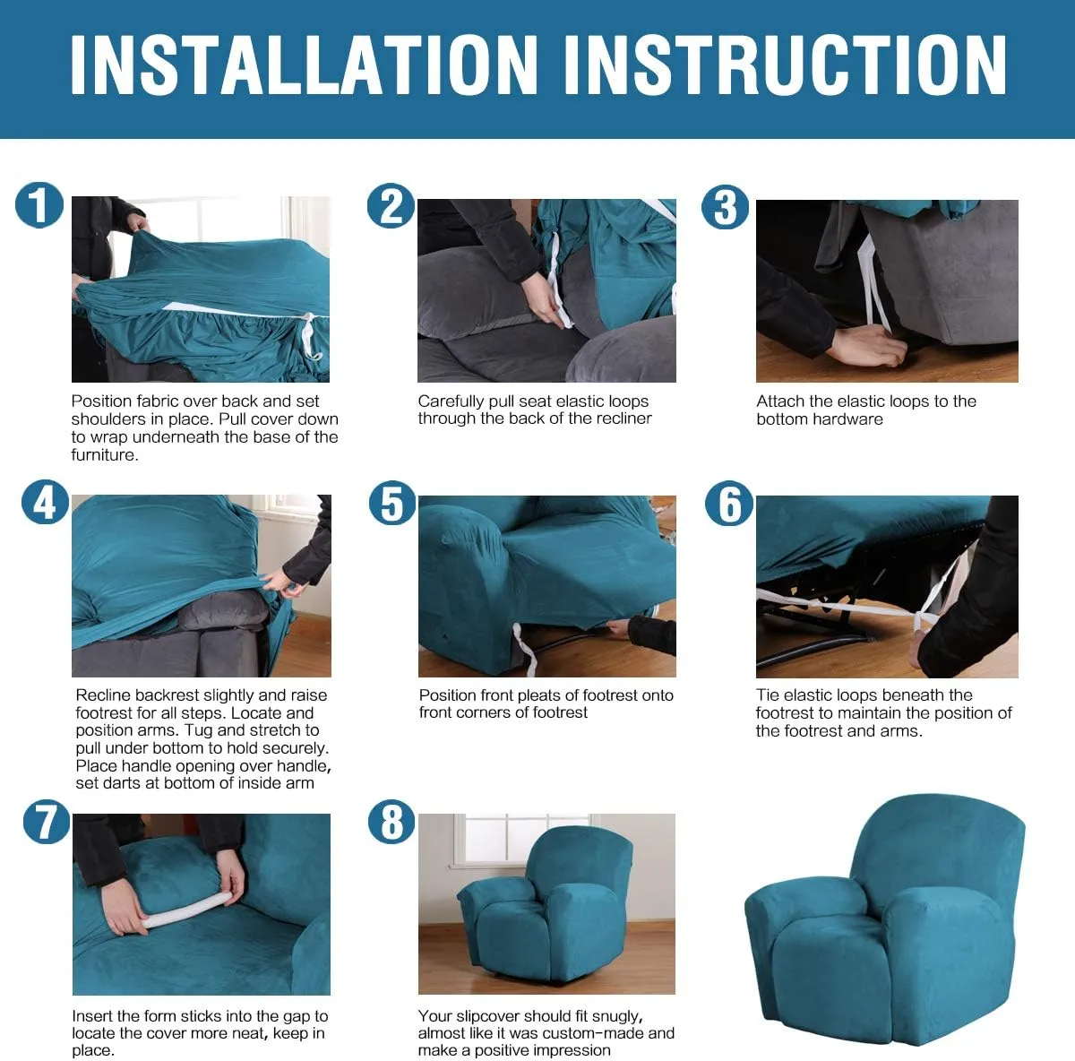 H.VERSAILTEX 1 Piece Recliner Cover Velvet Plush Recliner Slip Covers for Recliner Chair Recliner Slip Covers with Elastic Bottom Feature Thick Luxury and Soft Velvet Plush Fabric, Peacock Blue