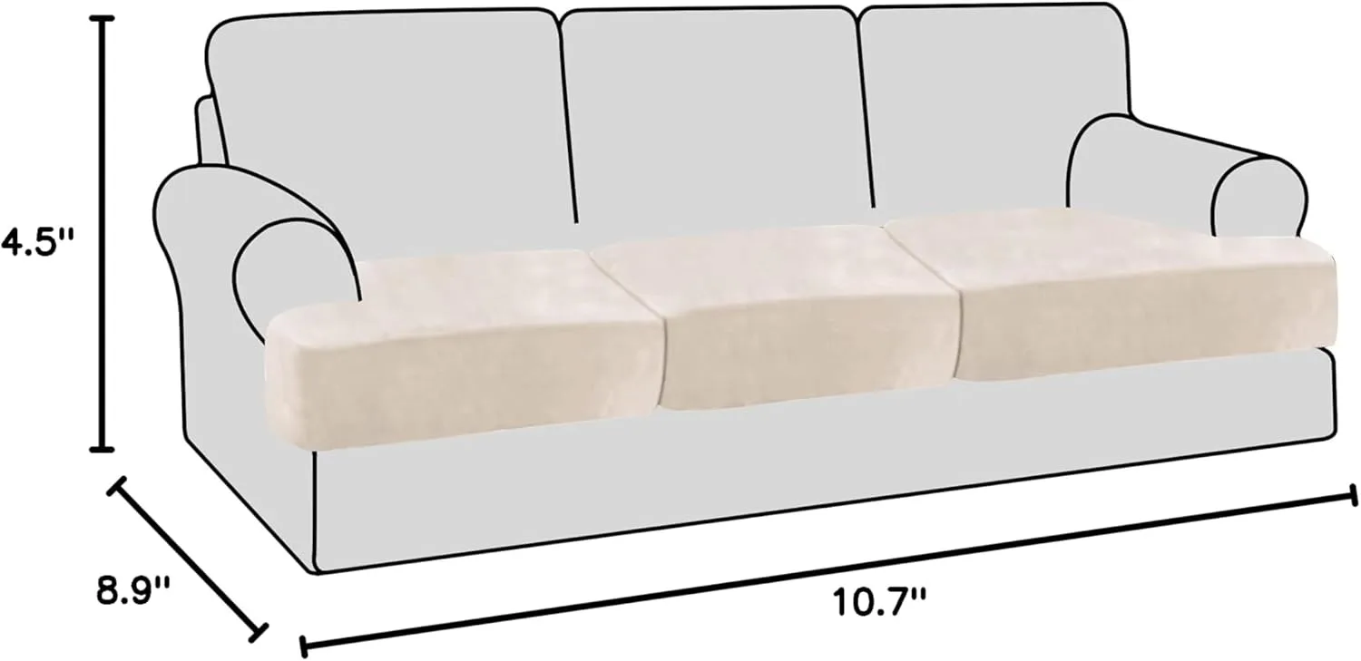H.VERSAILTEX Stretch Velvet 3 Piece T Cushion Sofa Slipcovers Individually Covers for 3 Cushion Couch Seat Cushion Covers for Sofa Seat Cushion Covers Stay in Place(Sofa, Ivory)