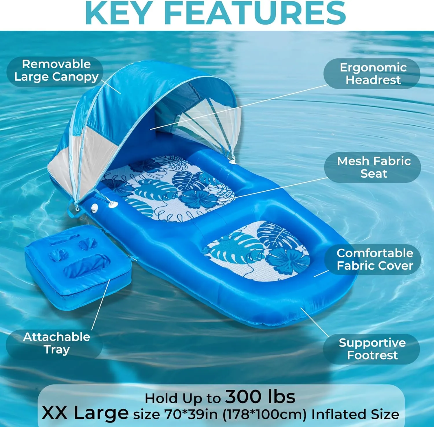 Inflatable Fabric Covered Pool Lounger Float Adult, 70"x39" Extra Large Pool Float w/ UPF50  Sunshade Canopy & Cupholder Caddy, Water Floaties Raft Recliner Chair for Pool Party Lake Beach