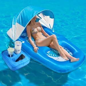 Inflatable Fabric Covered Pool Lounger Float Adult, 70"x39" Extra Large Pool Float w/ UPF50  Sunshade Canopy & Cupholder Caddy, Water Floaties Raft Recliner Chair for Pool Party Lake Beach