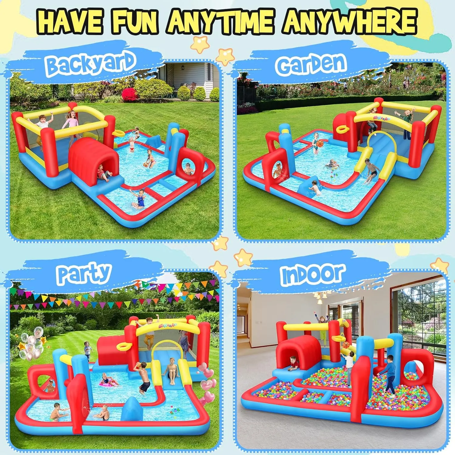 Inflatable Water Slide Bounce House, 14.3x14.3FT Maze Waterpark Obstacle Course w/Jump Area, Splash Pool, Obstacle, Slide, Punching Bag, Basketball Hoop & Tunnel for Kids Backyard Indoor Outdoor