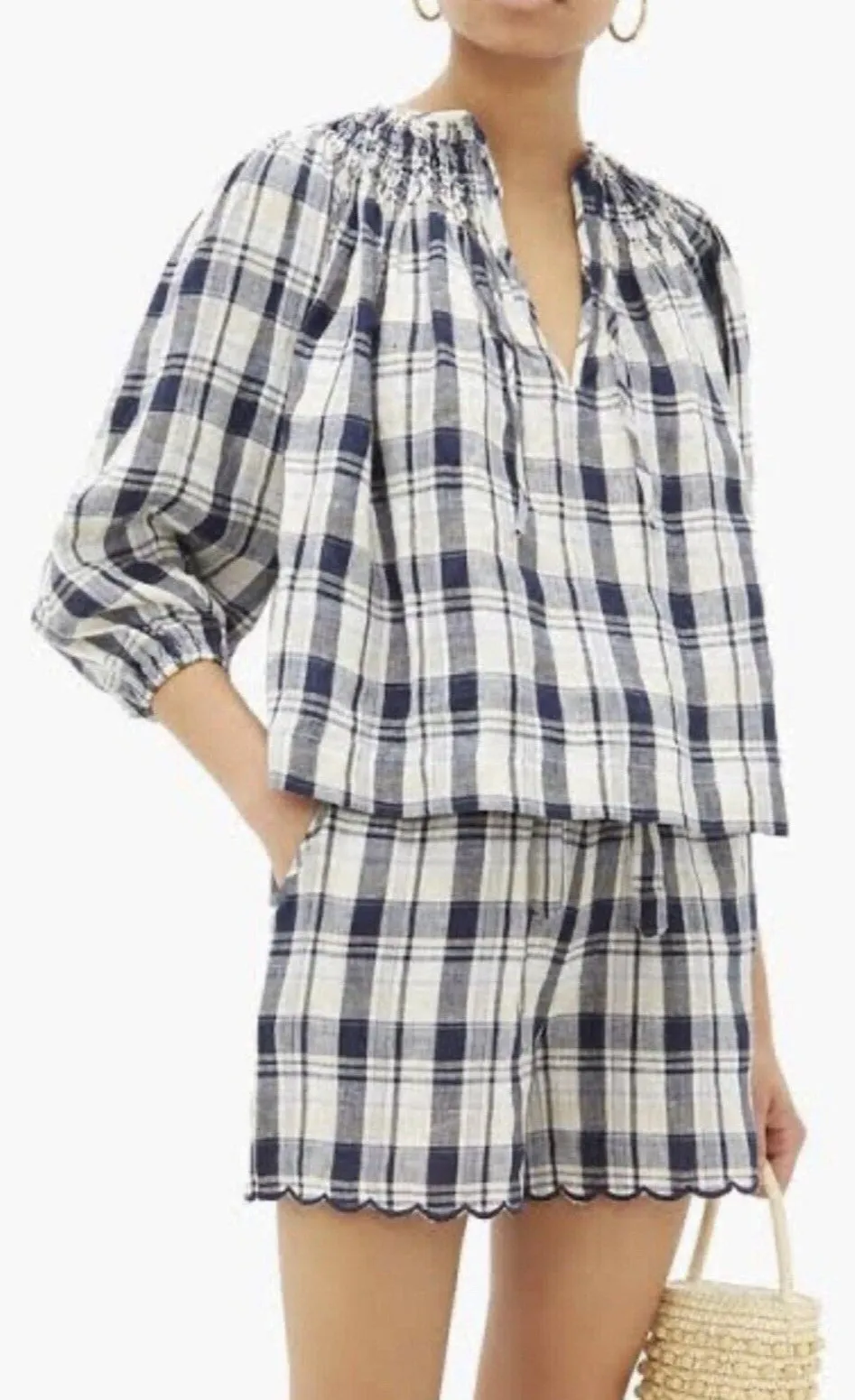 Innika Choo Women's 100% Linen Check Gingham Blouse - Blue, Size One