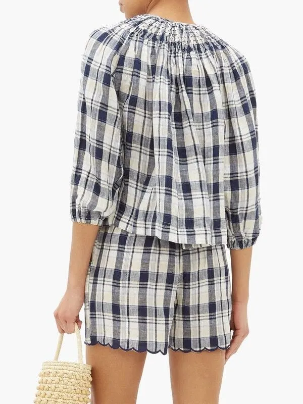Innika Choo Women's 100% Linen Check Gingham Blouse - Blue, Size One