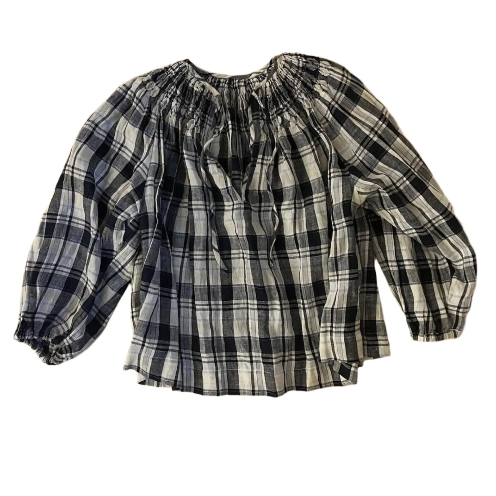 Innika Choo Women's 100% Linen Check Gingham Blouse - Blue, Size One