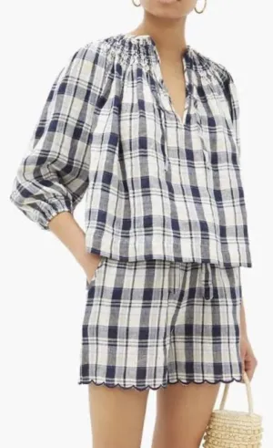 Innika Choo Women's 100% Linen Check Gingham Blouse - Blue, Size One