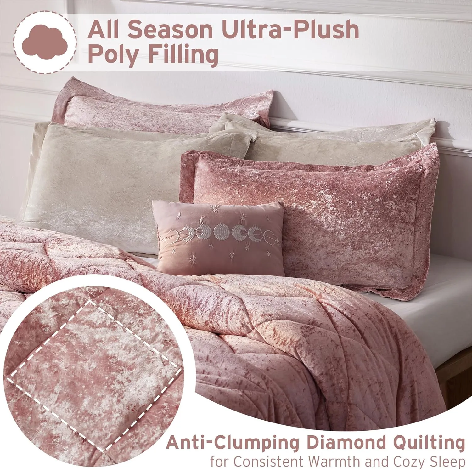 Intelligent Design Felicia Luxe Comforter Velvet Lush Double Sided Diamond Quilting, Modern All Season Bedding Set with Matching Sham, Decorative Pillow, Full/Queen(90"x90"), Blush 4 Piece