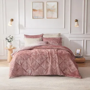 Intelligent Design Felicia Luxe Comforter Velvet Lush Double Sided Diamond Quilting, Modern All Season Bedding Set with Matching Sham, Decorative Pillow, Full/Queen(90"x90"), Blush 4 Piece