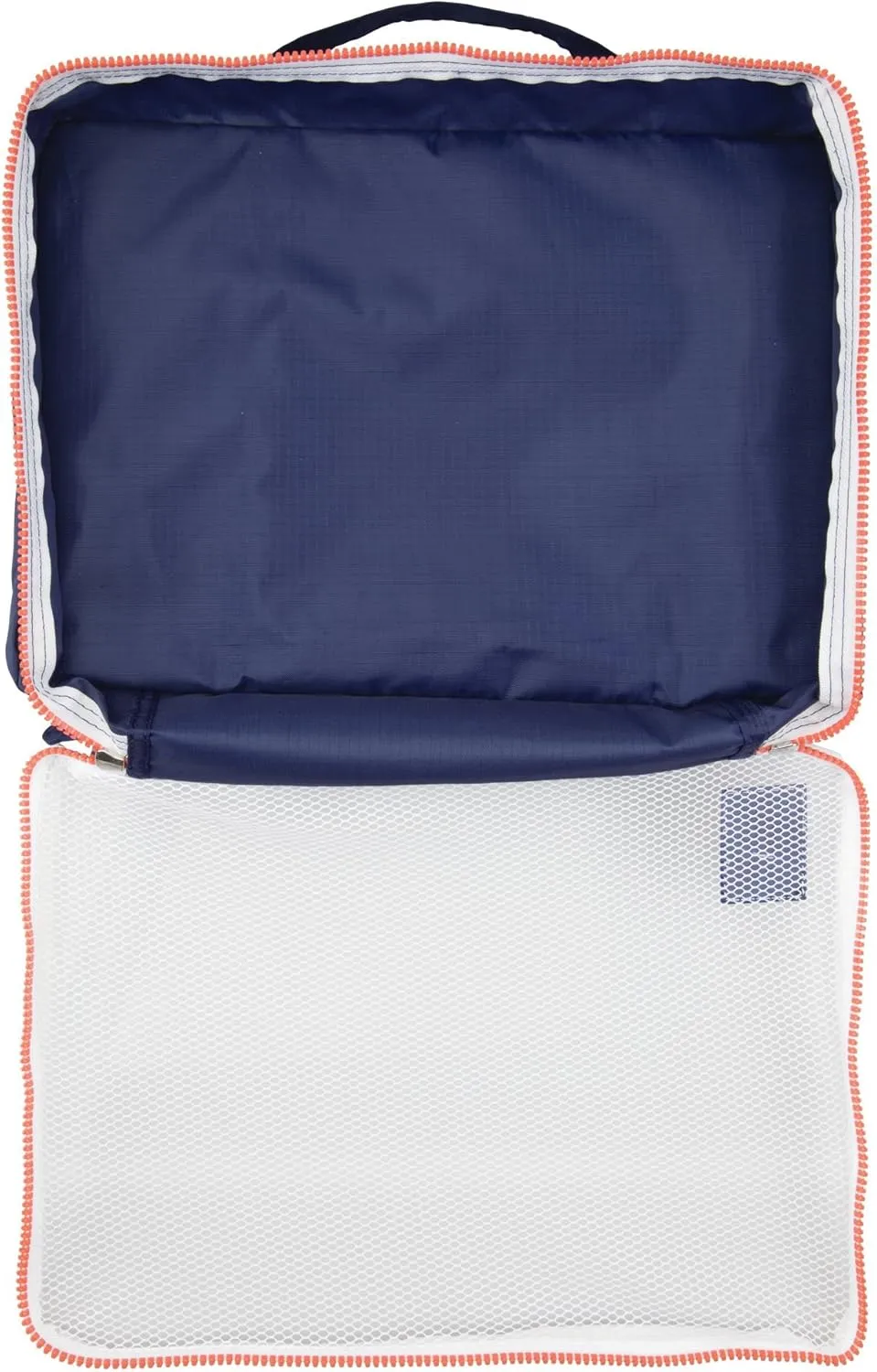 InterDesign Lightweight Water Resistant, Double Sided Organizer Cube with Handle for Packing Travel Suitcases Navy/Orange