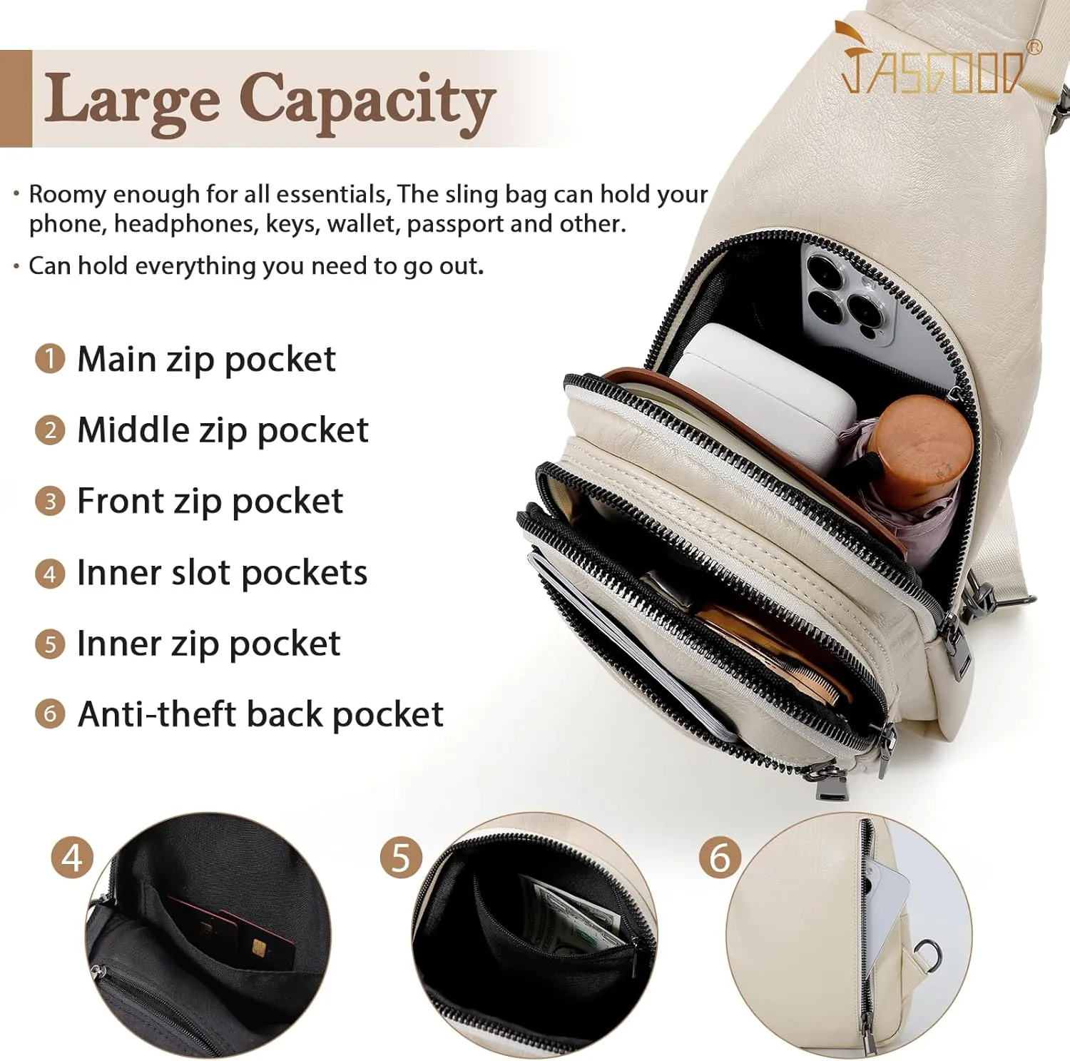 JASGOOD Anti Theft Small Sling Bag for Women Leather Fanny Packs Crossbody Bags Trendy Anti-Theft Sling Purse for Travel