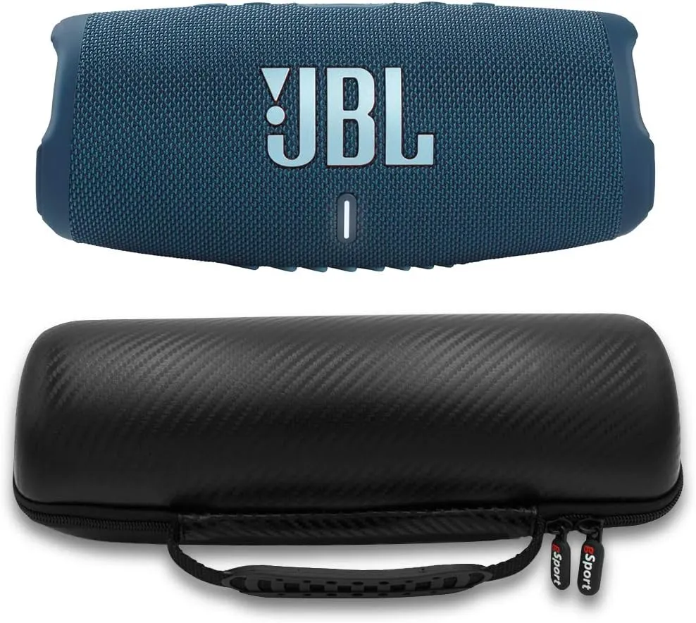 JBL Charge 5 Waterproof Portable Speaker with Built in Powerbank and gSport Carbon Fiber Case (Blue)