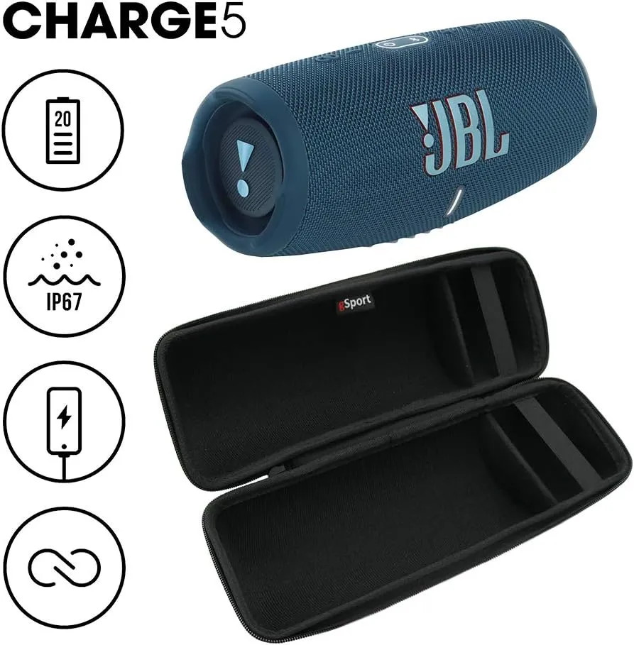 JBL Charge 5 Waterproof Portable Speaker with Built in Powerbank and gSport Carbon Fiber Case (Blue)
