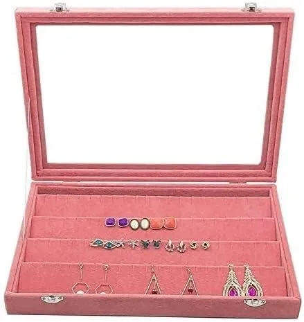Jewellery Storage Velvet Jewelry Storage Box With Glass Cover Color Earrings Necklace Bracelet Ring Storage Tray Jewellery Display Box