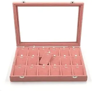Jewellery Storage Velvet Jewelry Storage Box With Glass Cover Earrings Necklace Bracelet Ring Storage Tray18 Slots Pendant