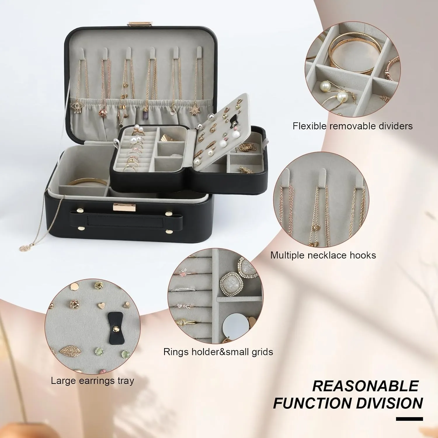 Jewelry Box for Women, Travel Jewelry Organizer Case with Jewelry Tray for Rings Earrings Necklaces Bracelets Watches, Black