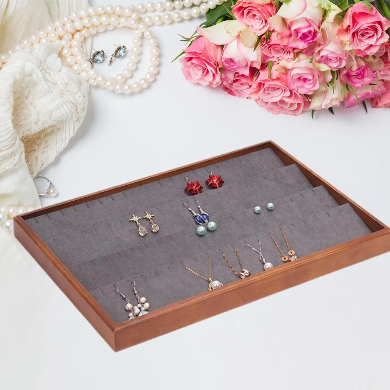 Jewelry Tray Jewelry Box,Multifunctional Suede Velvet Jewelry Storage Case,for Earrings,Watches,Bracelets,Store,Home, Grey