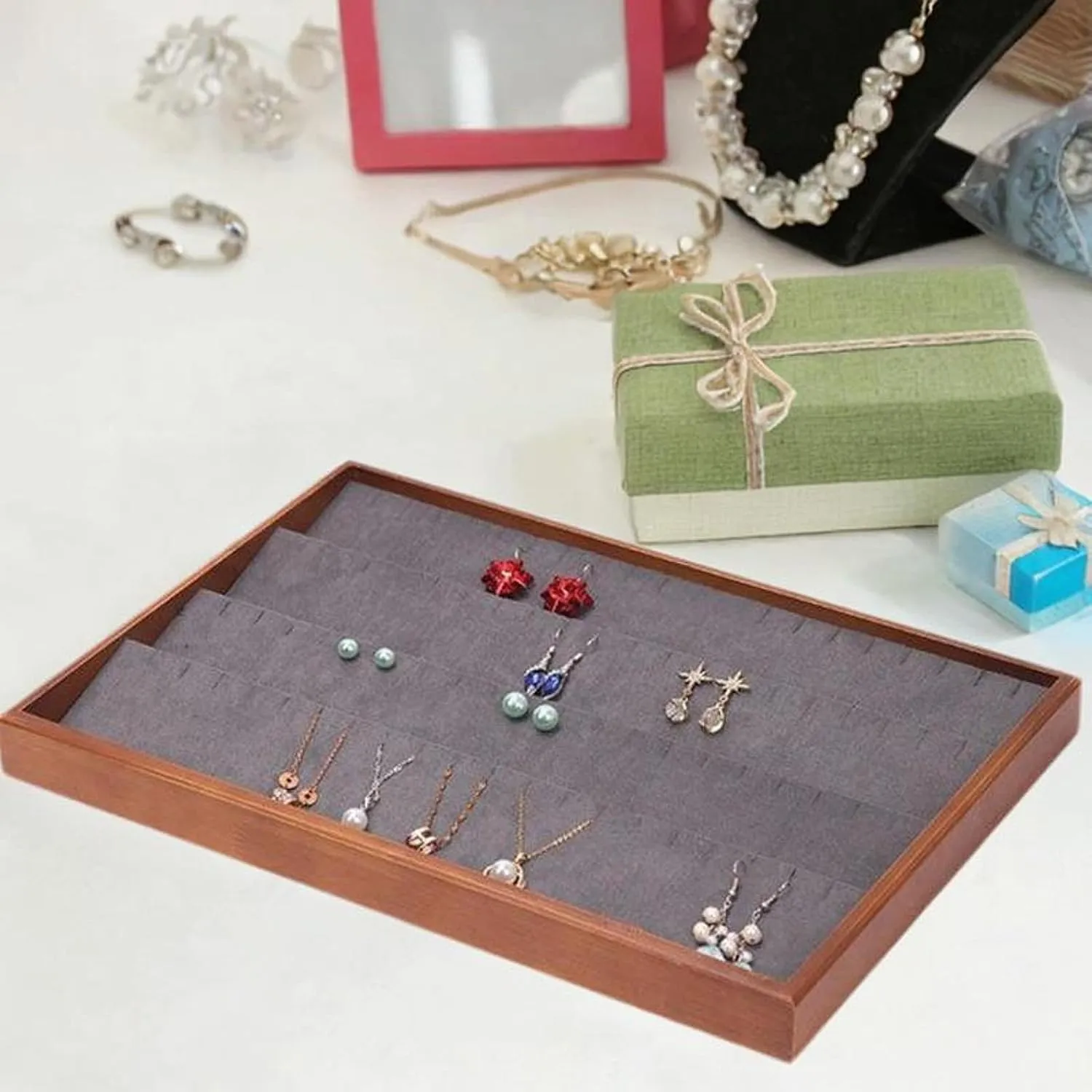 Jewelry Tray,Suede Velvet Showcase Holder Compartments Jewelry Box,Jewelry Storage Case for Watches Earrings Necklace Home, Grey
