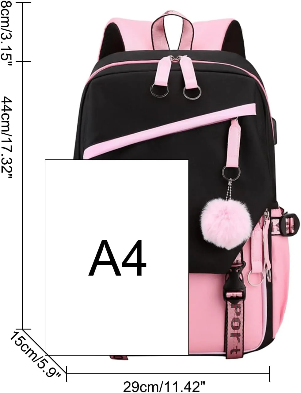 JiaYou Teen Girls Laptop Backpack Junior Middle School Daypack with USB Charge Port(Pink,19 Liters)