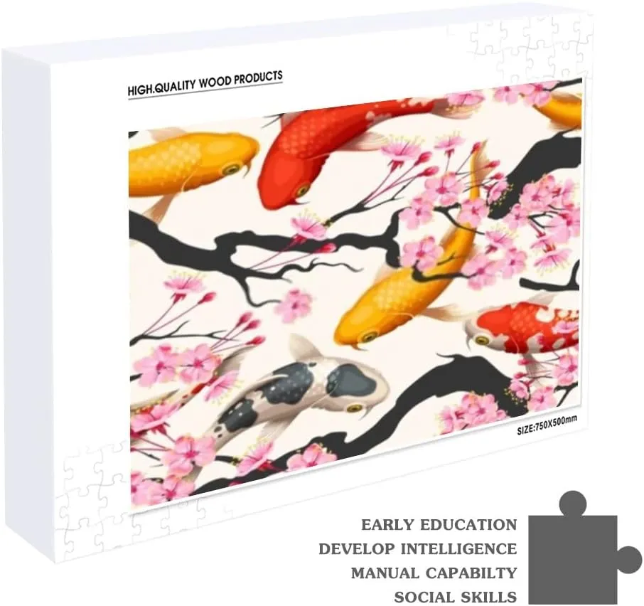 Jigsaw Puzzles Koi Fish Sakura Pink Toy Kid Educational Games Brain Challenge Adults Art DIY Child Leisure Game Suitable Family Friends 500PCS