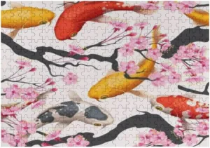Jigsaw Puzzles Koi Fish Sakura Pink Toy Kid Educational Games Brain Challenge Adults Art DIY Child Leisure Game Suitable Family Friends 500PCS