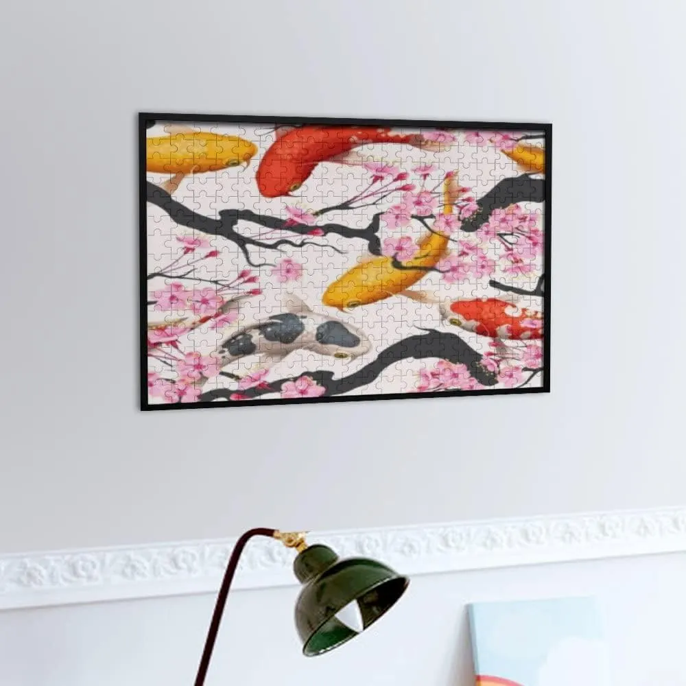 Jigsaw Puzzles Koi Fish Sakura Pink Toy Kid Educational Games Brain Challenge Adults Art DIY Child Leisure Game Suitable Family Friends 500PCS