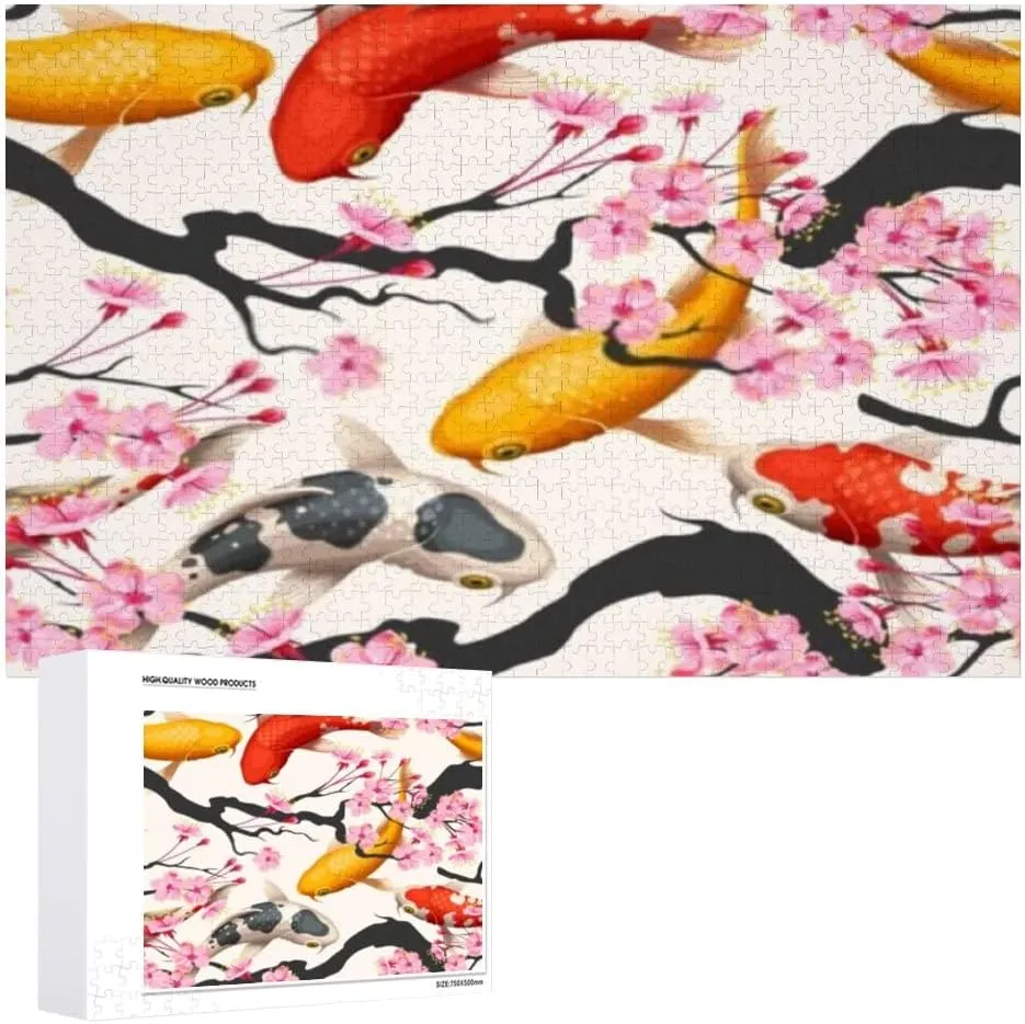 Jigsaw Puzzles Koi Fish Sakura Pink Toy Kid Educational Games Brain Challenge Adults Art DIY Child Leisure Game Suitable Family Friends 500PCS