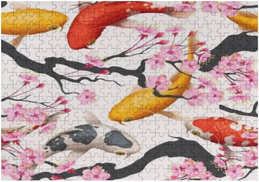 Jigsaw Puzzles Koi Fish Sakura Pink Toy Kid Educational Games Brain Challenge Adults Art DIY Child Leisure Game Suitable Family Friends 500PCS