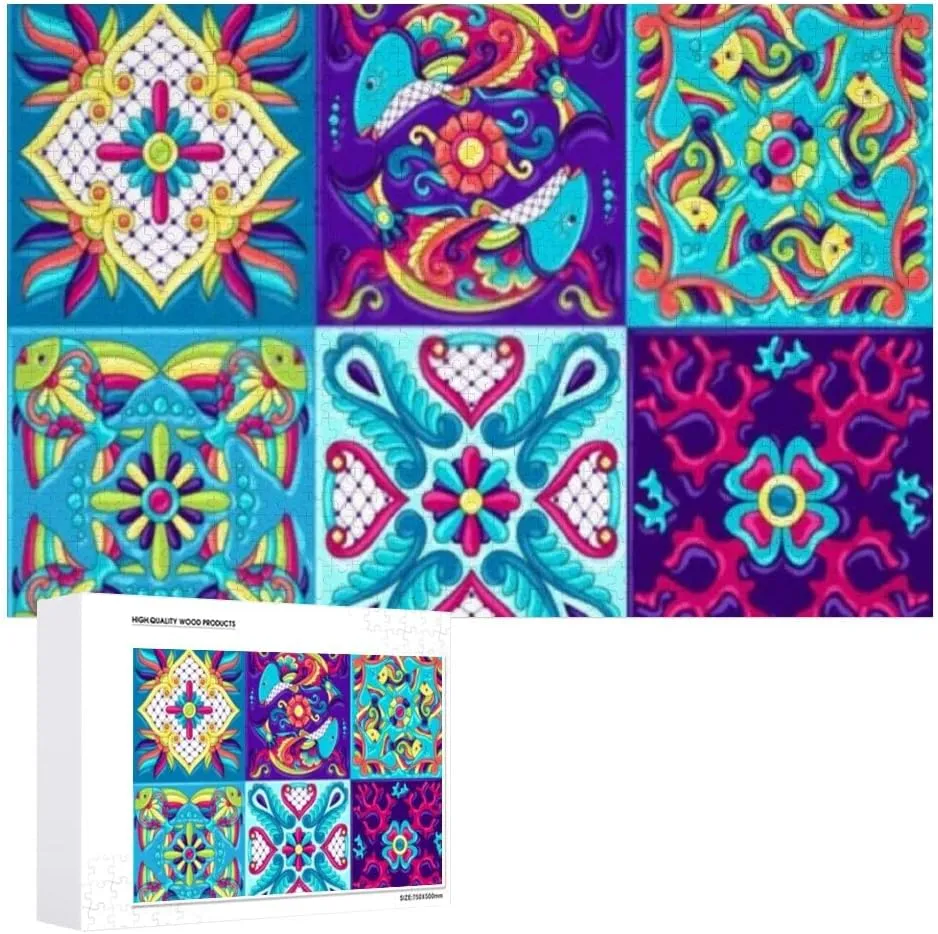 Jigsaw Puzzles Mexican Talavera Fishes Ethnic Folk Flowers Toy Kid Educational Games Brain Challenge Adults Art DIY Child Leisure Game Suitable Family Friends 1000PCS