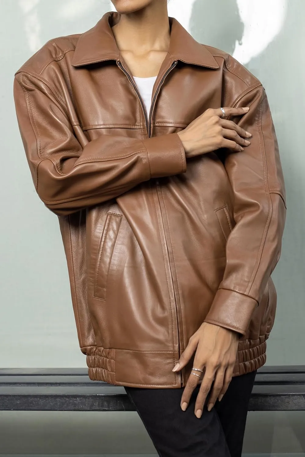 Jild Oversized Leather Jacket Women - Lambskin Leather Fall Jacket for Womens Fashion Plus Size Outfits