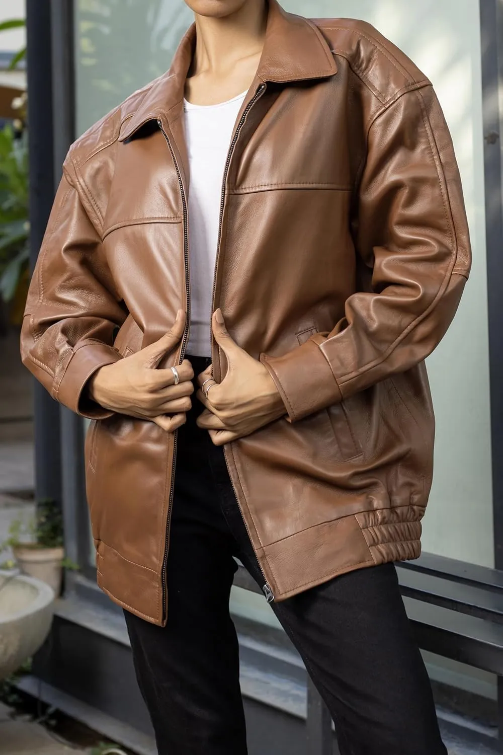 Jild Oversized Leather Jacket Women - Lambskin Leather Fall Jacket for Womens Fashion Plus Size Outfits