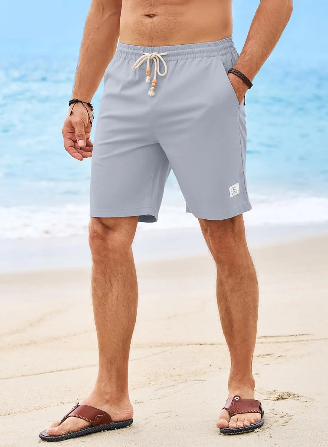 JMIERR Mens Shorts Linen Cotton 7" Casual Elastic Waist Drawstring Lightweight Summer Beach Shorts with Pockets